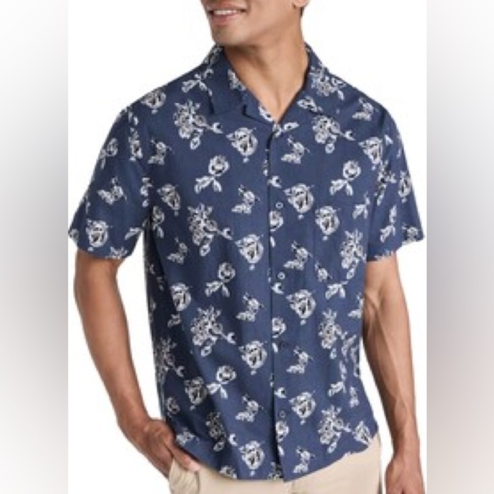 VINCE ikat floral print cabana button up short sleeve blue size M